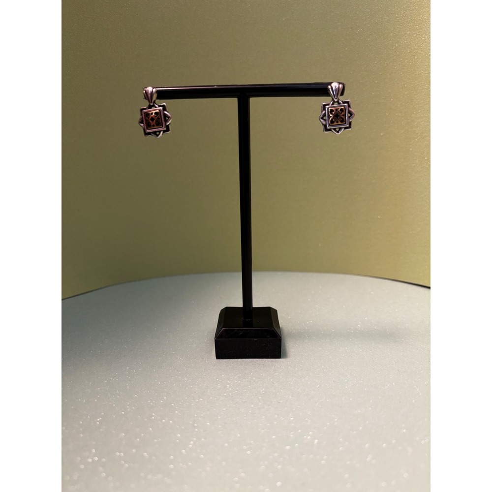 Two Tone Sterling Silver Geometric Filigree Drop Earrings Mixed Metal Square